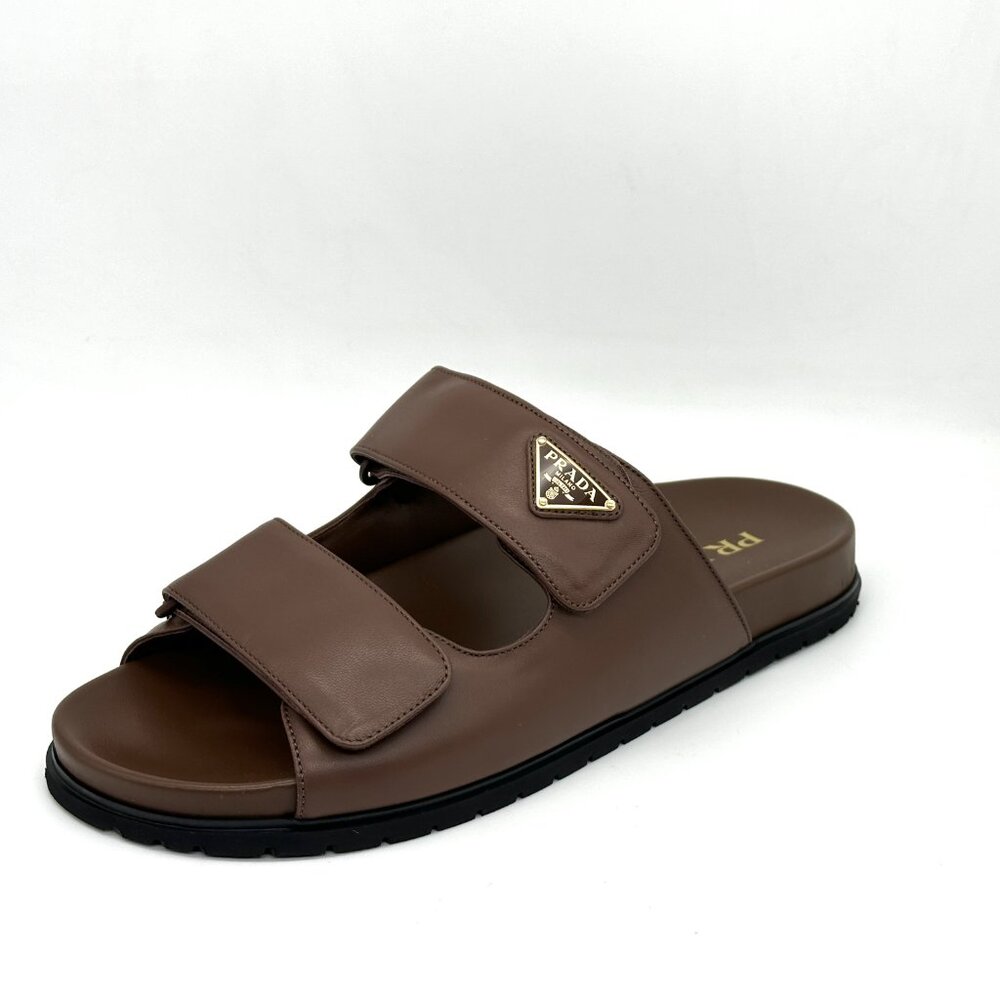 PRADA Triangle Logo Double Band Leather Flat Slide Dad Sandals Shoes Cacao - Picture 5 of 16